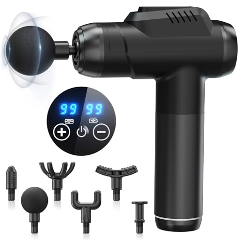 Muskelmassagepistol, nack- och ryggmassageapparat, massagepistol med 99 intensitet justerbar och 6 massagehuvuden, tyst massageapparat för att lindra muskelsmärta