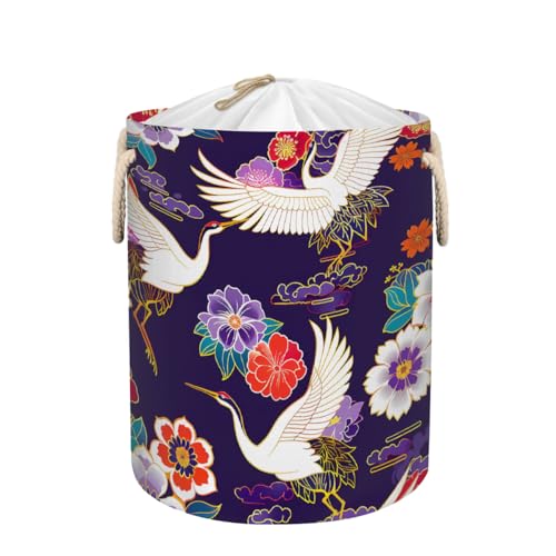 Ginfult Cesta de lavandería redonda con diseño de grúas de estilo japonés con flores, cesta de almacenamiento de ropa plegable con cordón para dormitorio, cuarto de bebé
