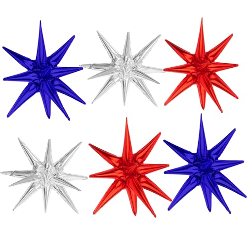 Image of Star Balloons, 22 Inch Blue Red and Silver Star Balloons 6PCS Explosion Foil Balloon Starburst Balloon for Birthday Party Wedding New Year 4th of July Independence Day USA Patriotic Party Decor