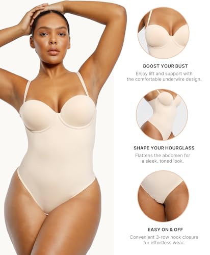 SHAPELLX Tummy Control Shapewear Bodysuit for Women Body Shaper Removable Straps Low Back Shapewear with Built-in Bra3