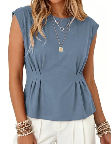 Watashi Women Summer Babydoll Tops Casual Cap Sleeve Peplum Tunic Shirt Dressy Pleated Tops(Bluegrey-L)