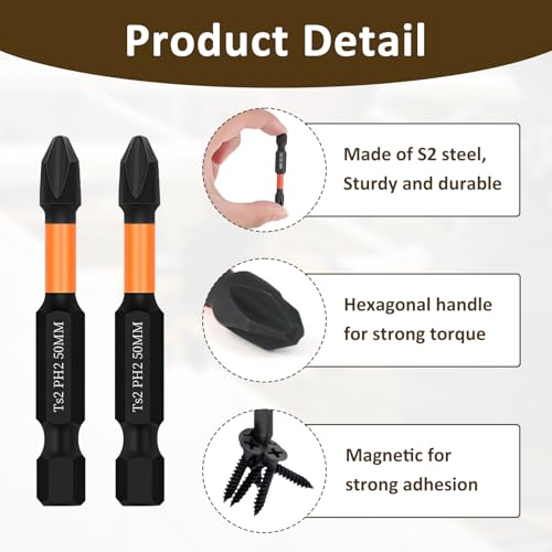 10pcs PH2 50mm Impact Duty Screwdriver Drill Driver Bits Set, Phillips Screwdriver Bits Anti-Slip Magnetic Head, S2 Steel for Furniture Assembly, Home Appliance, Mechanical Repair, 1/4 Inch Hex 3 10pcs PH2 50mm Impact Duty Screwdriver Drill Driver Bits Set, Phillips Screwdriver Bits Anti-Slip Magnetic Head, S2 Steel for Furniture Assembly, Home Appliance, Mechanical Repair, 1/4 Inch Hex - Image 3