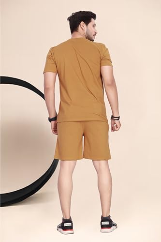 Image of HOODMASTER Men's Cotton Night Suit Set of Top & Knee Length Shorts with Round Neck Half Sleeves Solid Pattern Regular Fit and Standard Length | Mens Cotton Night Suit | T-Shirt and Shorts Sets