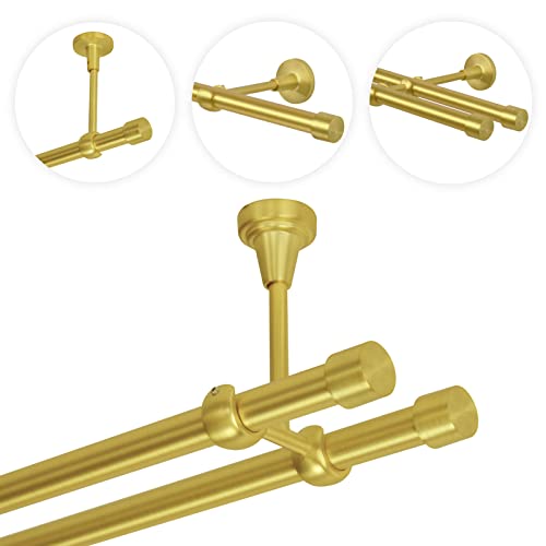 Gardinenstange 140 cm Deckenmontage | Vorhangstange 2 läufig Ø 19mm | Gold-Matt Messing Antik Vintage-Look Retro-Stil | Endkappe