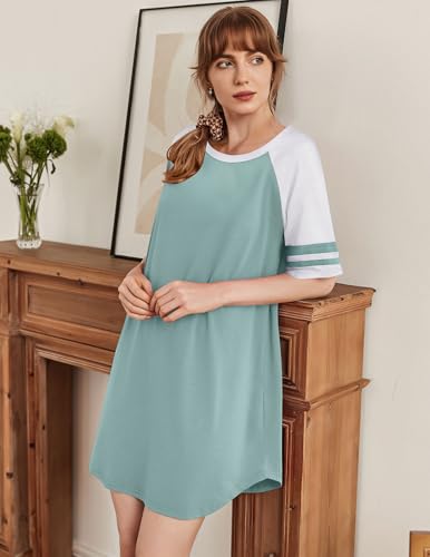 Ekouaer Cotton Nightgowns for Women Short Sleeve Sleep Shirts Crew Neck Night Shirts Soft Color Block Night Gown2