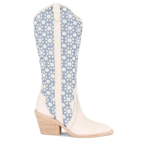 Cowgirl Knee High Boots for Women Block Heel and Pointed Toe Suede and Faux Leather with Flower Embroidery Boots3