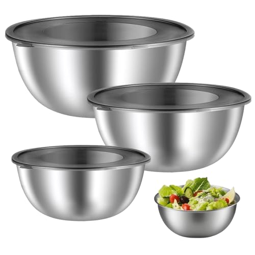 Velicber 3 Pièces Bols à Mélanger en Acier Inoxydable, Saladier Bol à en Acier Inoxydable, Bol inox avec Couvercle, 2.1L+1.2L+0.7L Empilables Cul de Poule...