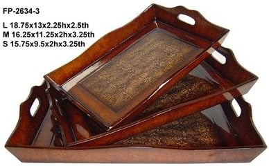 Wooden Tray with Fleur De Lis Print and Side Handles (Set of 3)