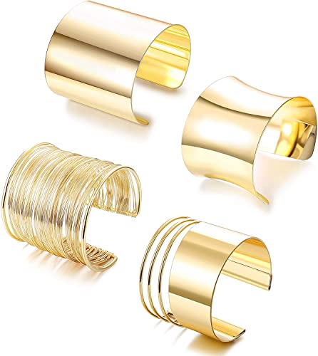 LOLIAS 4 Piezas Pulsera Brazalete Conjunto para Mujer Suave Abierto Ancho Alambre Ajustable Oro Pulseras Banda Superior Brazalete Envoltura Muñeca Aleación Brazaletes Joyería