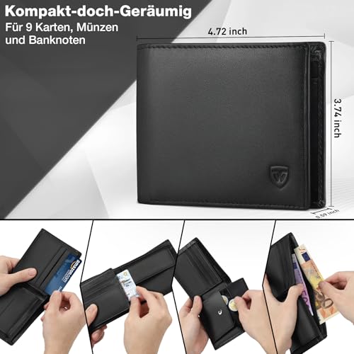 WONSEFOO Geldbörse Herren Leder mit RFID Schutz | Portmonee Slim mit 9 Kartenfächer Wallet Portemonnaie Herren Klein mit Münzfach | Geldbeutel Schwarz