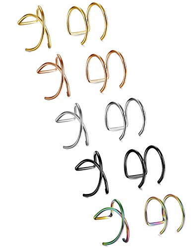 LOYALLOOK 5Pairs Stainless Steel 20 Gauge Cross X Ear Cuff Non-Pierced Clip On Earrings Fake Ear Nose Cartilage Earrings Ring X+2C