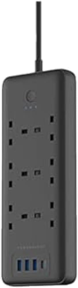 Powerology Universal Socket 6 AC / 3 USB & USB-C PD 30W Multiport Smart Power Socket 3250W 13A, Power Strip with 2M Cable Extension Cord, Quick Charge 3.0 USB-A, Charging Station - Black