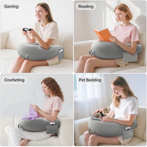 Gaming Kissen & Lesekissen, Reading Pillow für das Sitzen auf dem Bett/Sofa/Fußboden, Fütterungs/Häkelkissen mit großer & Ergonomic Gaming Pillow, Gamer Kissen für Ipad/Laptop - Grau
