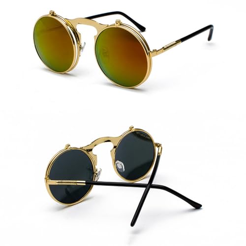 Vintage Steampunk Flip Up Hombres Gafas de Sol Mujeres Retro Redondo Marco de Metal Gafas de Sol bisagra Curva Gafas piernas UV400