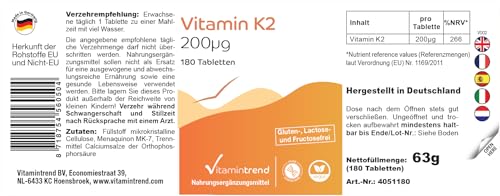 Vitamintrend Vitamin K2 200µg, 180 Tabletten, schluckfreundlich, Nahrungsergänzungsmittel vegan ohne Magnesiumstearat, in Deutschland hergestellt