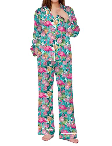 Image of SHESHOW Satin Pajamas Set for Women Set Long Sleeve Button Down Pjs Sets 2 Piece Loungewear Animal Sleepwear XS-XXL