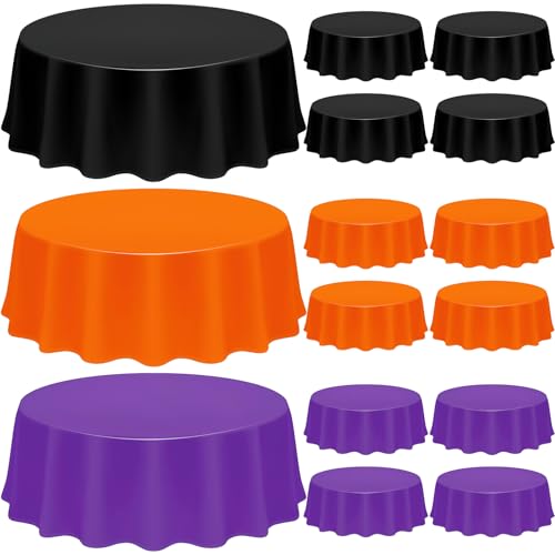 Image of CIEOVO 12 Pack Halloween Plastic Tablecloth Black Orange Purple Color Disposable Waterproof Round Tablecloth for Halloween Witch Vampire Party Decorations