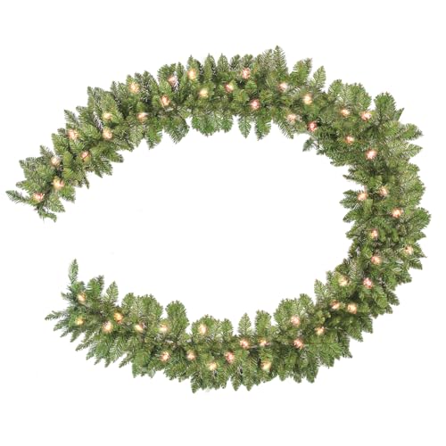 HiBean Christmas Garland 9 FT by 12 Inch,Pre-lit Garland with 50 Warm Lights, Classic Green Christmas Garland with 340 Branch Tips for Mantle, Fireplace, Stairs Railing, Front Door