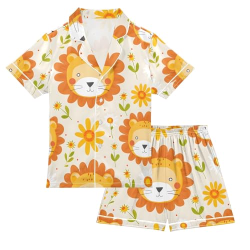 ALAZA Cute Lion Blossom Floral Pajamas Satin Pajama Set Short Sleeve Button Down Sleepwear