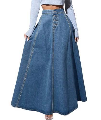 SEMATOMALA Women's A Line Retro High Waisted Long Jean Skirts Button Fly Flared Flowy Swing Denim Maxi Skirts
