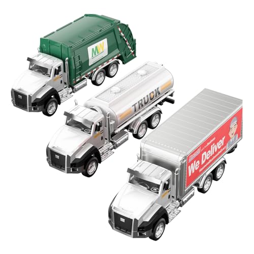 TEMI 3 Pack of Diecast City Transport Vehicles, Garbage Truck, Tanker Truck, Express Delivery Truck, 1/50 Scale Metal Collectible Model Cars, Pull Back Car Toys with Opening Doors for Boys and Girls