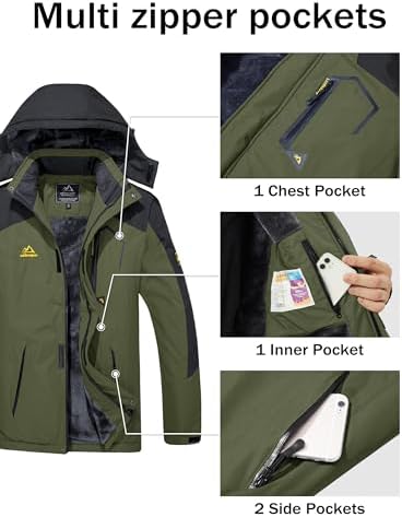 MAGCOMSEN Winter Coats for Men Fleece Lined Jacket with Muti-Pockets Water Resistant Snow Ski Jackets Army Green XL - 4
