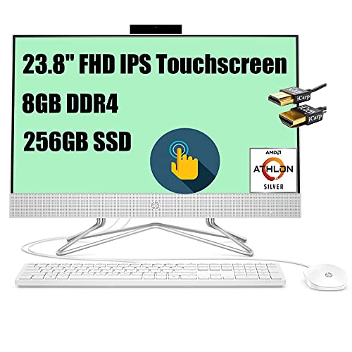 Premium HP 24 All in One Desktop Computer 23.8  FHD Touchscreen IPS Display AMD Athlon Silver 3050U (Beats i5-7200U) 8GB DDR4 256GB SSD Keyboard Mouse Webcam DVD WiFi Win 10 + HDMI Cable