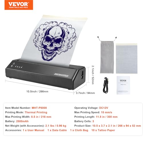 VEVOR Tattoo-Transfer-Schablonendrucker, Kabelloser Bluetooth-Tattoo-Schablonendrucker mit 10-teiligem Transferpapier und Stoffbeutel, Tragbarer Tattoo-Drucker für Android- und iOS-Telefon