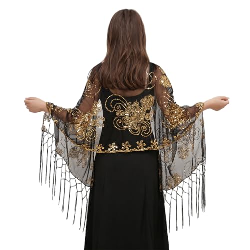LMVERNA 1920s Sequined Flower Shawl Wraps Fringed Evening Cape Wedding Bridal Shawl Scarf for Evening Dresses Party2