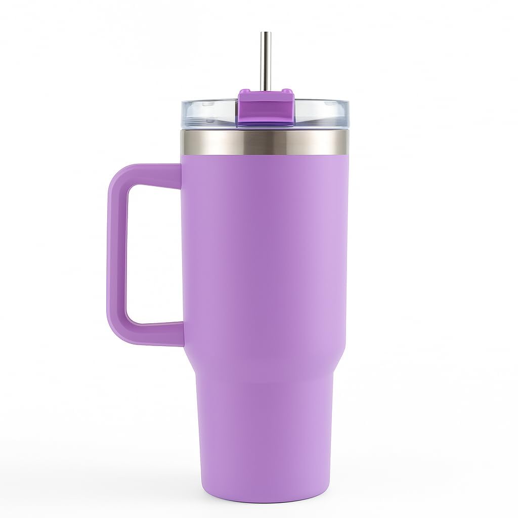 1200ml Stainless Steel Insulated Travel Mug with Handle, Spill Proof Lid and Steel Straw, Black, Double Wall Vacuum Tumbler for Beer and Cold Drinks (Pink) (Purple, Digital Wave Insulated Tumbler)