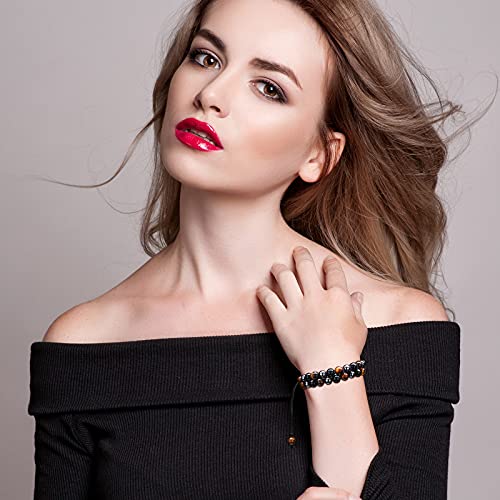 2 Pieces Lava Rock Bead Bracelets Hematite Black Obsidian Tiger Eye Stone Bracelet Healing Crystal Gemstone Bead Adjustable Anxiety Bracelet4