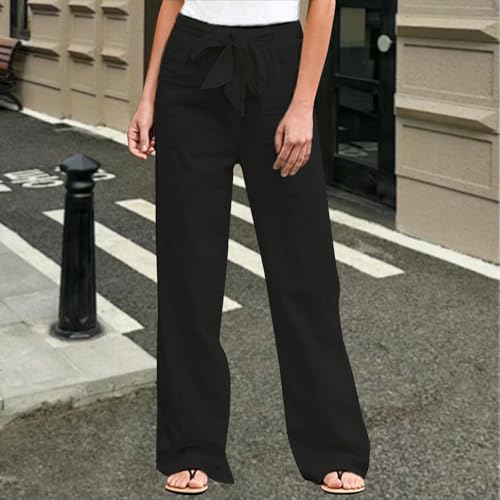 Geleglaer Womens Cotton Linen Pants Summer Casual Strappy Elastic Plus Size Pants Tie Front Solid Trousers with Pockets3