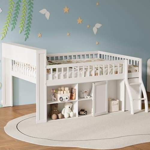 LUMISOL Queen Size Low Loft Bed with LED Lights and Shelves Wood Low Loft Bed Queen with Storage for Kids White