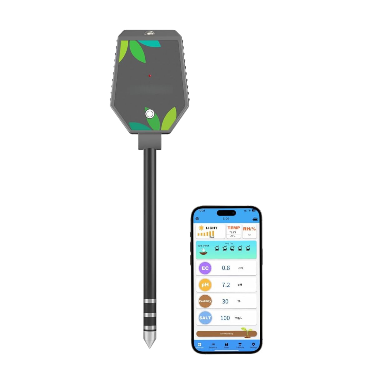 XUMIUZIY 8 in 1 Misuratore di Terreno - PH/umidità/luce/aria Umidità/temperatura/EC/fertilità/tester Salino, Misuratore di Prova del Terreno Bluetooth con Schermo LCD Retroilluminato,