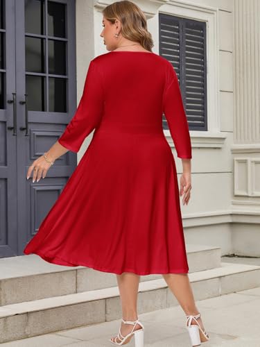 Image of Plus Size Dresses for Women A-Line V-Neck Swing Flowy 3 /4 Sleeve | 3 /4 sleeve,v neck,pockets,casual,cocktail,wedding,holiday,home,work,date party,vacation,outdoor