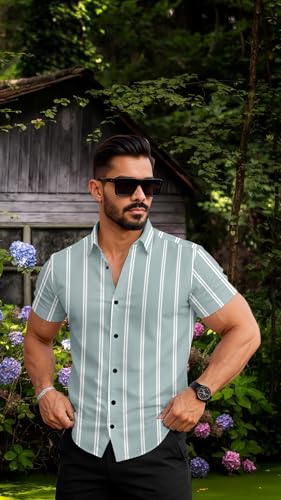 Image of Vertical Striped Short Sleeve Casual Shirt for Men, Stratchable 100% Spandex Material,Black and White