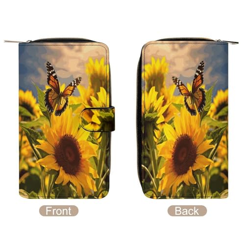 Womens Wallets Leather Ladies Wallet Large Sunflower Butterfly Printed Long Travel Clutch Wallet for Women3