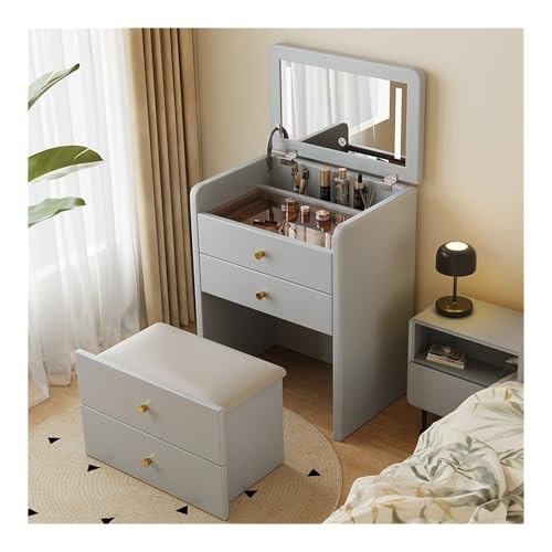 Mesa de maquillaje compacta con espejo abatible, taburete tapizado, elegante juego de tocador gris con maquillaje moderno, perfecto para espacios pequeños