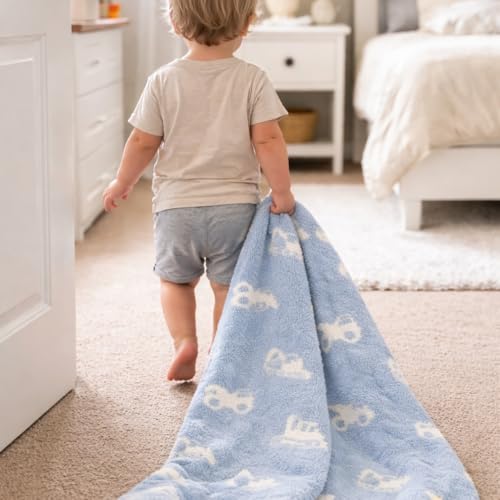 Image of L+L USA Construction Trucks Baby Blanket 28 inchx40 inch - DreamSoft Knit Throw for Crib, Stroller, Car Seat - Soft Newborn Nursery Gift Essential Toddler, Infant, Kids, Boys & Girls (Steel Blue /White)