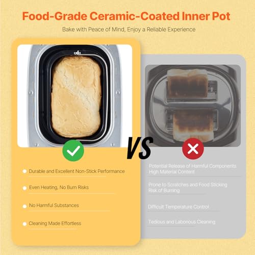 Image of VEVOR Bread Maker, Dough Machine 15 Menus in 1, Non-Stick Ceramic Pan Automatic Breadmaker with Non-Gluten Setting, Whole Wheat Bread Making, Digital, Programmable, 3 Loaf Sizes, 3 Crust Colors, White