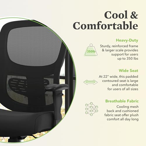Image of HON Sadie Big and Tall Ergonomic Office Chair with Mesh Back, Adjustable Lumbar Support and Arms, High Back Desk and Computer Chair for Home Office or Workstation, 350 lb. Weight Capacity, Black