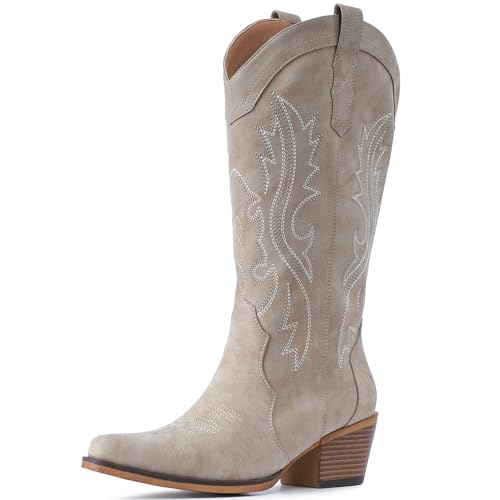 Image of IUV Cowboy Boots For Women Western Cowgirl Boots Mid Calf Snip Toe | Chunky Heel Ideal for low insteps