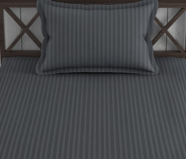 Image of Trance Home Linen 100% Cotton 75x36 inch Single Fitted 200TC Satin Stripe Elastic Fitted Bedsheet | Single Bed Size Daily use Fitted Bedspread with 1 Pillow Covers (75 inchx36 inch | 6.25x3 feet,Dark Grey)