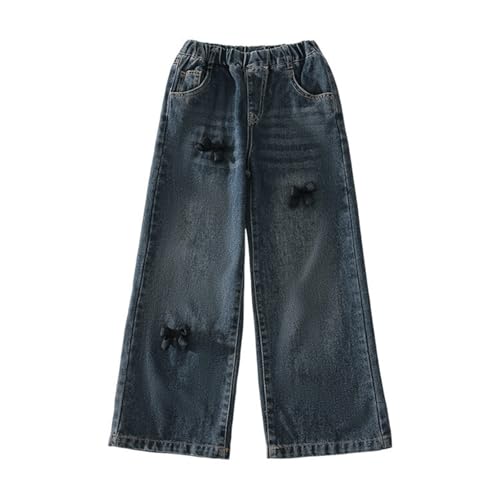 Retro Baggy Jeans for Girls Wide Leg Elastic Waist Bow Streetwear Trousers Straight Leg Denim Pants with Pocket
