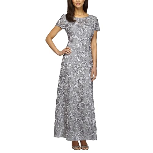 Image of Alex Evenings Women's Long Rosette Mother of The Bride Dress with Short Sleeves