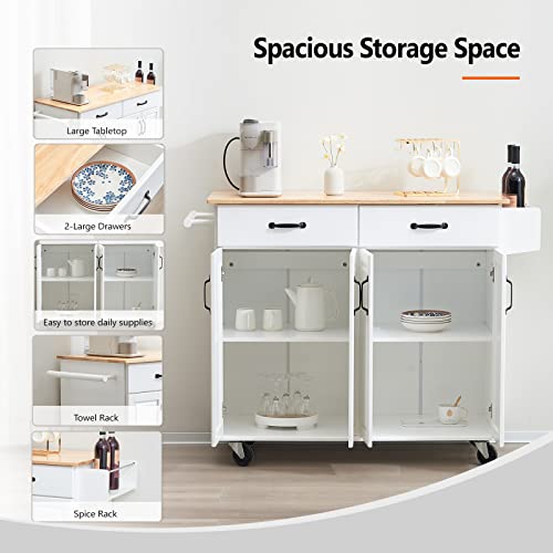 Vingli Kitchen Island Cart With Storage On Wheels White Rolling Coffee Bar Trolley Buffet Cabinet With 4 Doors And 2 Drawers, Towel Handle, Spice Rack, Solid Wood Top, Lockable Castors #TOP2