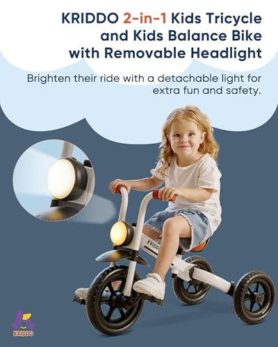 Image of KRIDDO 2-in-1 Kids Balance Bike and Kids Tricycle for 2 to 5 Year Old, Toddler Balance Bike with Detachable Pedals, Tricycles for 3-5 Year Olds with Stitched Soft Grip, White