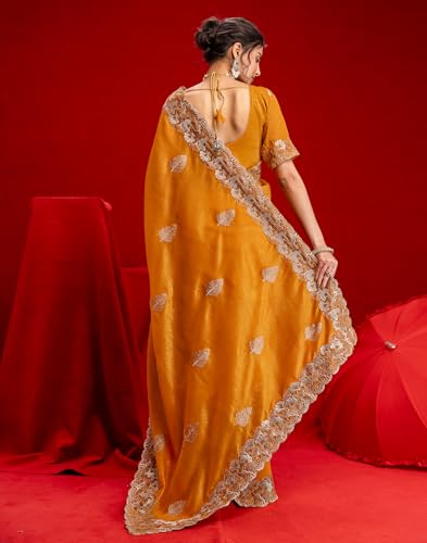 Image of SIRIL Women's Shimmer Chiffon Sequence Embroidery Saree With Unstitched Blouse Piece for Wedding and Parties