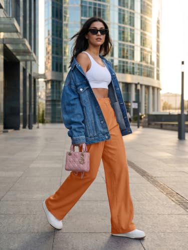 IWOLLENCE Women Wide Leg Pants Waffle Stretchy Work Dress Pants Business Casual Outfits Slacks Trousers Bright Orange — view 2