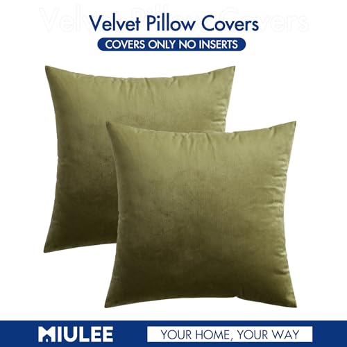 Image of MIULEE Velvet Throw Pillow Covers 20x20 Inch, Pack of 2 - Olive Green, Soft Solid Decorative Pillow Covers Cushion Cases Modern Luxury Home Decor for Couch Sofa Bedroom Livingroom